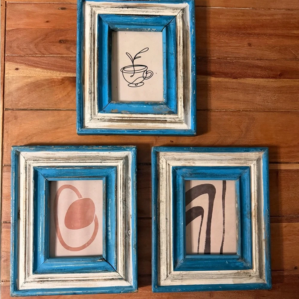 Set of 3 Distressed Blue & White Wood Picture Frames - Coastal Cottage Decor